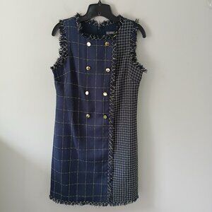 Julia Jordan Women's Dress Size 6 Mini Tweed Plaid Fringe Blue Green Button Zip‎